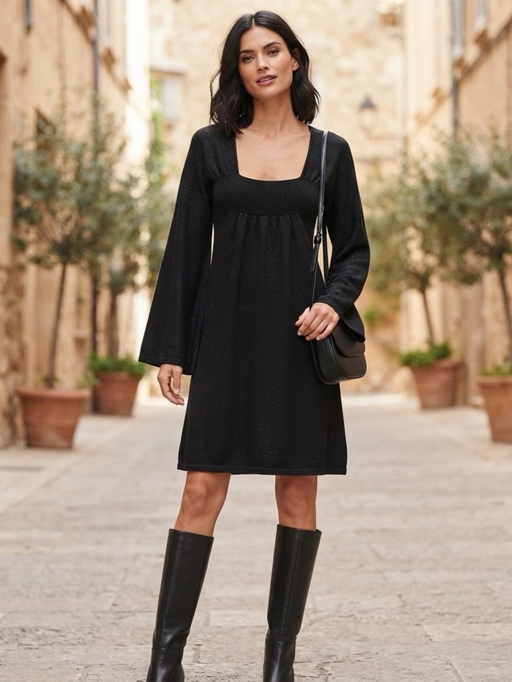 Black Square-Neck Long-Sleeve Mini Dress